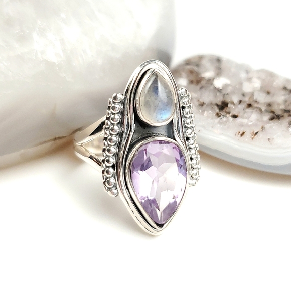 Sterling Silver Amethyst and Labradorite Double Teardrop Ring Size 8 - Picture 9 of 15
